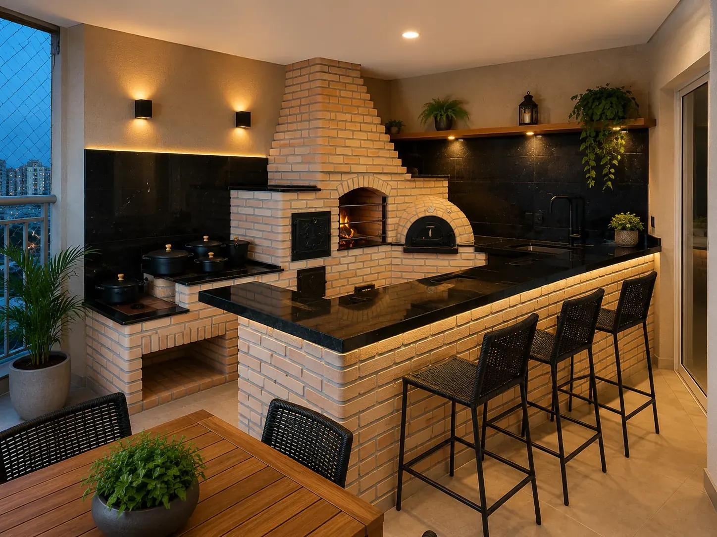 Área gourmet com churrasqueira e forno construída pela ADC